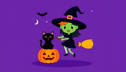 Fototapeta premium A witch and her black cat on a pumpkin, flying on a broomstick against a purple background