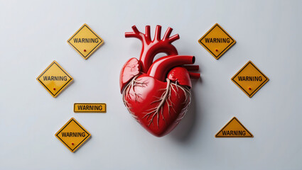 Floating red anatomical heart model hovering against gray backdrop, showing yellow warning signs