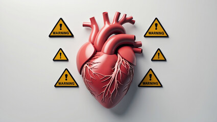Displaying anatomical heart showing vessels on grey surface with six yellow warning triangle signs