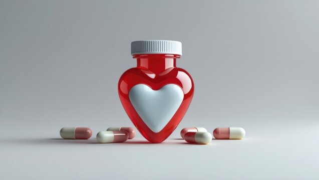 Showing red heart-shaped medicine bottle with white motif in studio, red-and-white capsules