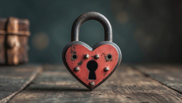 Displaying heart-shaped padlock with chipped red paint on worn planks, with wooden treasure chest - Powered by Adobe