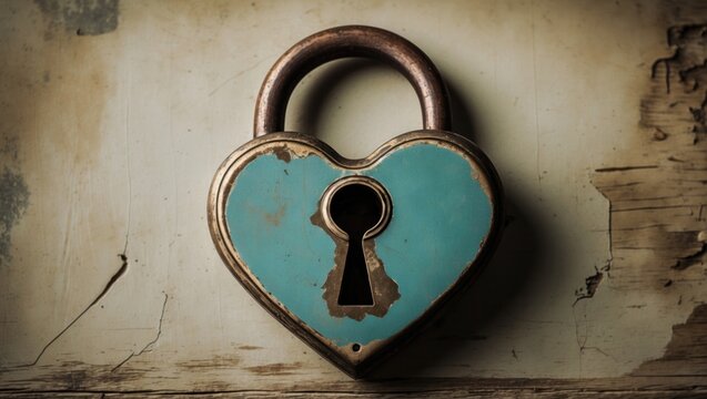 Showing heart-shaped padlock resting on distressed wooden board with rusted shackle, chipped paint - Powered by Adobe
