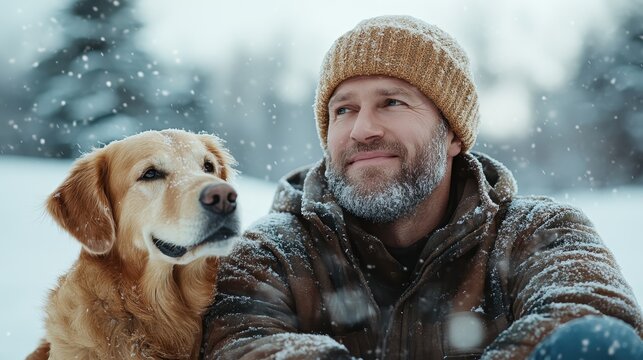 A serene winter scene featuring a man sitting in the snow next to his golden retriever, capturing the essence of companionship and joy during the snowy season.