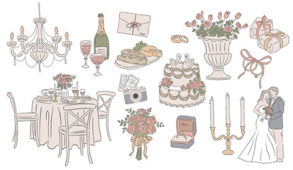Collection of Wedding Occasions hand drawn style vector illustrations of ring, couple, flower, table and wine