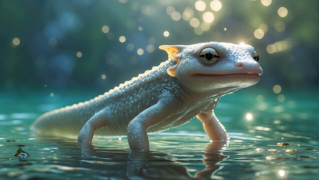 Standing albino salamander probing shallow forest pond water, with floating leaves and bokeh lights - Powered by Adobe