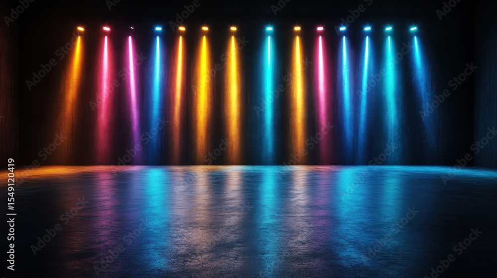 Poster a dynamic display of colorful light beams converging in a dark entertainment space, creating an ener