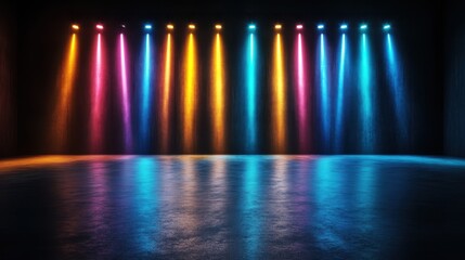 A dynamic display of colorful light beams converging in a dark entertainment space, creating an energetic and captivating atmosphere ideal for events and performances.