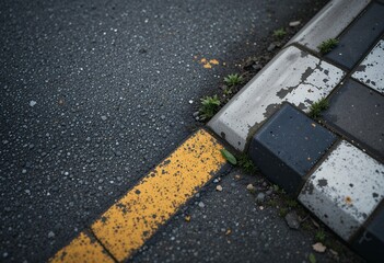 Close up of worn yellow road line next to black and white tiled sidewalk curb with plants
