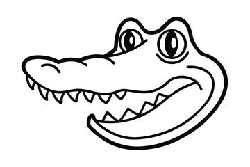 Black and white outline shows cartoon alligator head with many sharp teeth