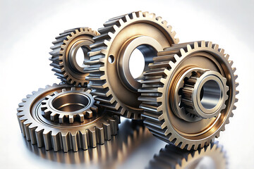Interlocking Metal Gears isolated on white background. showcasing mechanical precision and industrial engineering