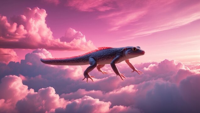 Floating lizard-like reptile gliding above cloud field at sunrise, with soft billowing clouds