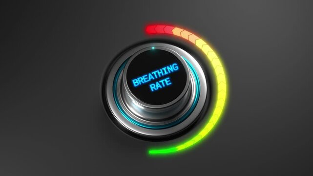 3D animation of a rising breathing rate on a color dial from green to red. Ideal for health, fitness, stress response, or respiratory tracking visuals.