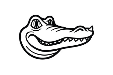 Obraz premium Cartoon alligator face with a smile shows its teeth in black outline on white