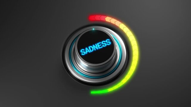 3D animation of a rising sadness level on a color dial from green to red. Great for emotional state, mental health, or psychological awareness visuals