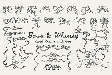 Whimsical bow set with loose bows and corner decorations for frames. Ideal for invitations, scrapbook design, and packaging.