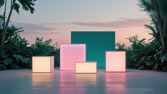 Shining illuminated light boxes reflecting on polished terrace floor amid lush tropical foliage - Powered by Adobe