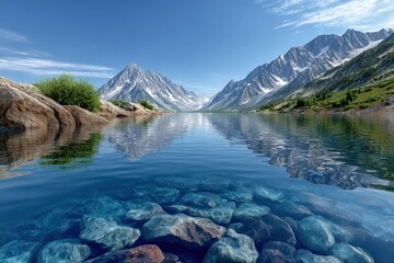 Obraz premium Majestic mountain landscape with towe snow-capped peaks, crystal-clear river flowing through lush green valley under bright blue sky