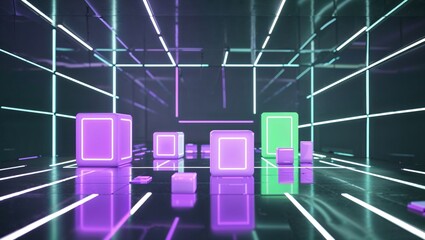 Fototapeta premium Emitting purple glow, massive neon cube hovering inside neon grid tunnel, with green cube accent