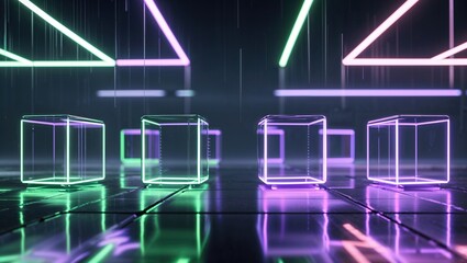 Neon wireframe cubes hovering in virtual chamber, with glowing frames and falling light streaks