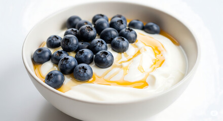 Berry Bliss: A close-up shot showcasing a bowl of creamy yogurt adorned with fresh blueberries and a drizzle of honey. A tantalizing combination that speaks of simple pleasures and natural goodness.