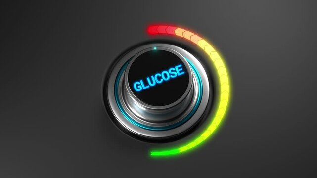 3D animation of a rising glucose level on a color dial from green to red. Perfect for health, diabetes, nutrition, or medical visuals