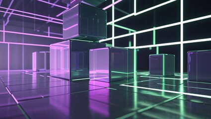 Translucent reflective cubes reflecting neon grid lines in virtual chamber, with glossy grid floor
