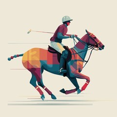 Vector Illustration of Polo Player Riding Horse in Motion, Geometric Sports Art with Abstract Shapes.