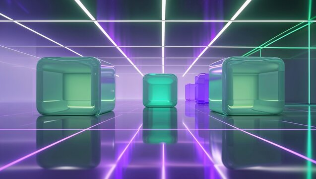 Floating small translucent green cube in digital corridor, with purple cubes and neon grid lines