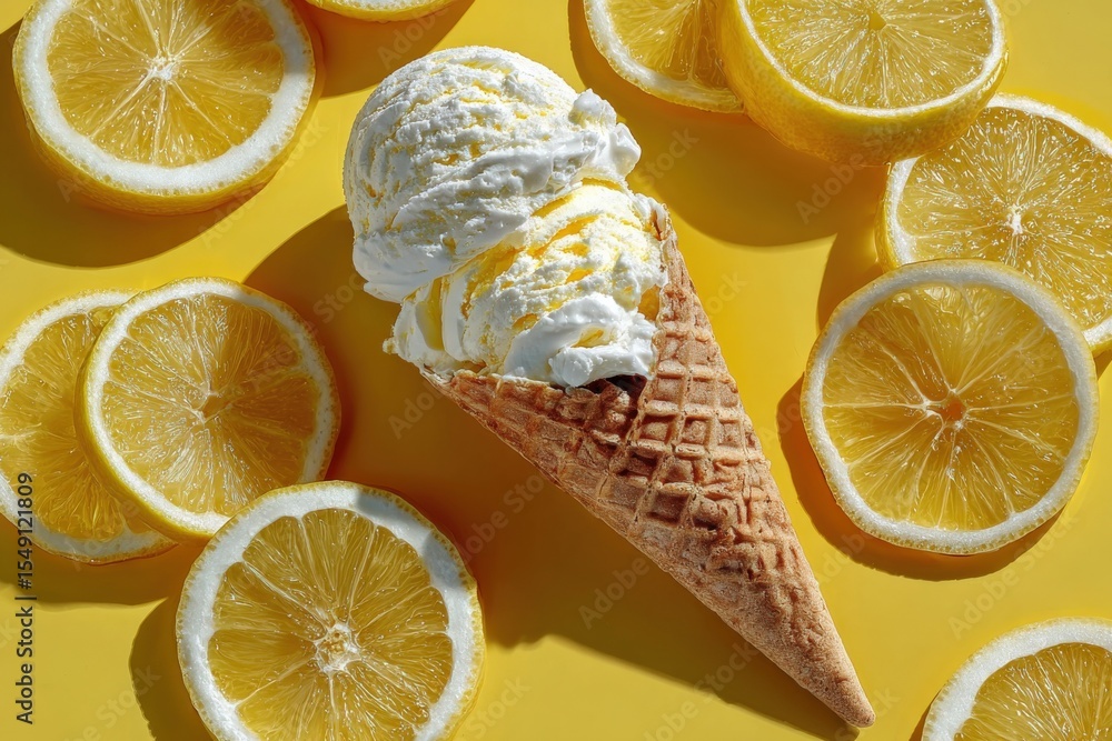 Poster delicious lemon ice cream cone with fresh lemon slices on bright yellow background for refreshing su