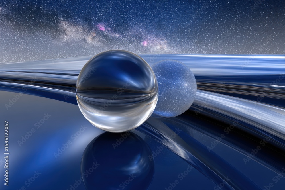 Poster abstract cosmic scene with reflective metallic spheres floating over futuristic metallic pathways un