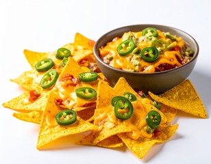 Tortilla chips with melted nacho cheese and guacamole bowl in middle of composition