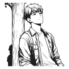 Young man standing leaning against a tree while staring at the sky with a blank stare image vector
