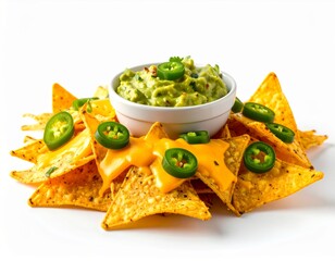 Tortilla chips with melted nacho cheese and guacamole bowl in middle of composition