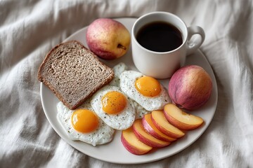 Fresh breakfast plate with sunny side up eggs whole grain bread s and a cup of coffee on soft fabric background