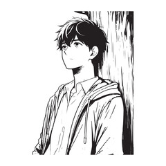 Young man standing leaning against a tree while staring at the sky with a blank stare image vector