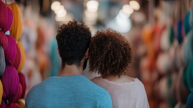 A tender moment shared by a couple in a vibrant yarn store, surrounded by colorful skeins, representing love, creativity, and the joy of shared hobbies.