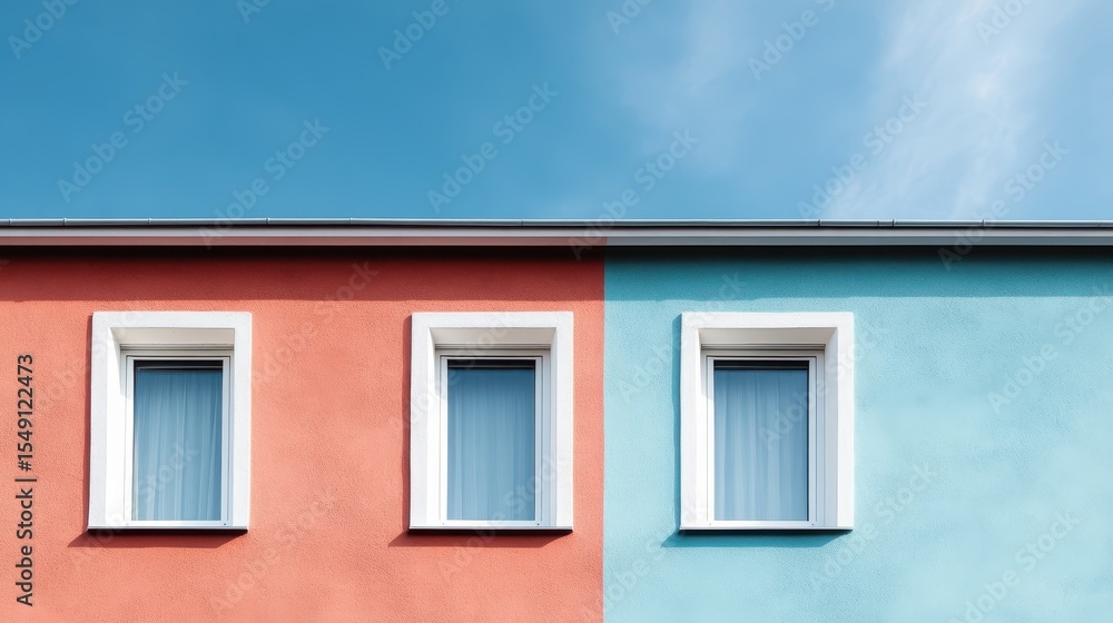 Poster this vibrant image displays a wall split into two contrasting colors with neatly framed windows, enc