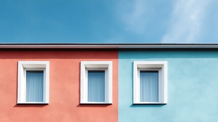 This vibrant image displays a wall split into two contrasting colors with neatly framed windows, encapsulating a playful and artistic architectural design that attracts the eye.