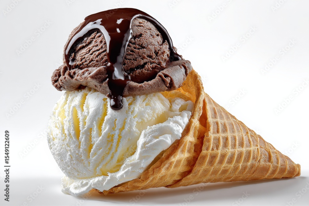 Poster delicious scoop of vanilla and chocolate ice cream in a crispy waffle cone with chocolate syrup on w