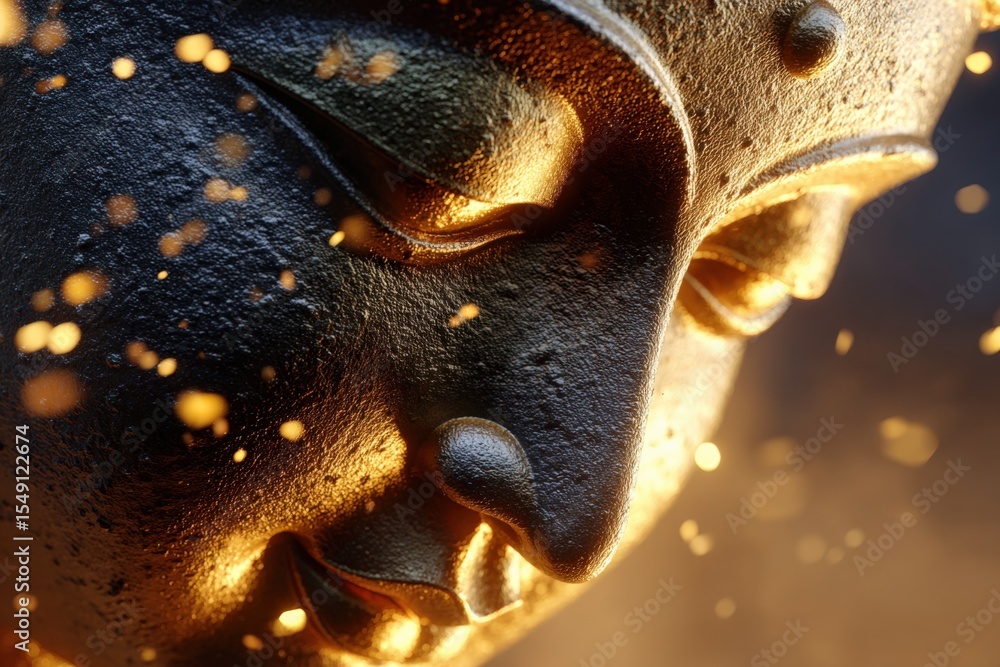 Aufkleber Close-up of an illuminated golden Buddha statue with droplets of water on its face in a serene meditation setting with warm lighting and soft focus