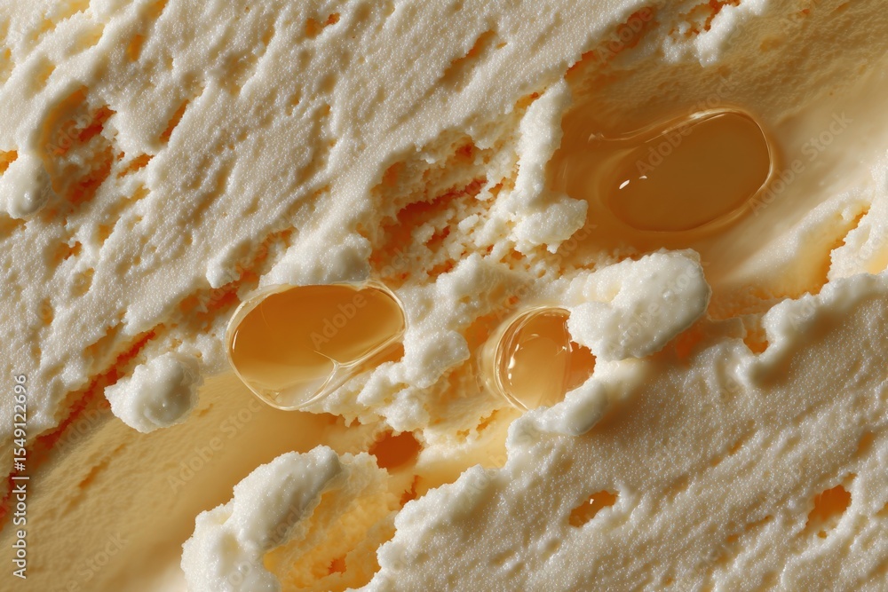 Poster Close-up of creamy vanilla ice cream with embedded caramel sauce swirls and textured surface showing air bubbles and smooth glossy appearance