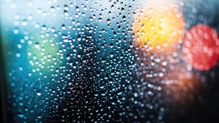 Fototapeta premium An evocative image featuring raindrops on glass, capturing the beauty of natural precipitation and the mesmerizing play of light behind the droplets.
