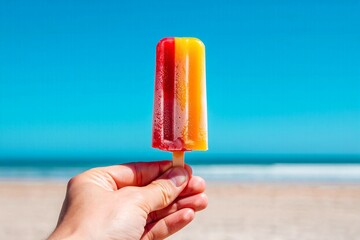 A human hand with light skin tones holds a frozen popsicle with red and yellow stripes against a bright blue sky. 