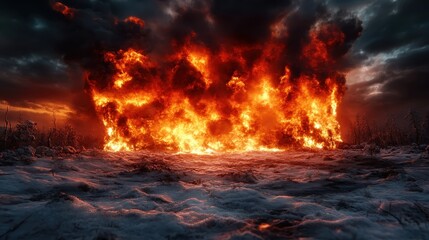 A striking scene of a fiery explosion with dark clouds, evoking feelings of chaos and power, showcasing vivid colors and intense contrasts in a dramatic setting.