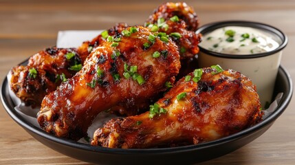Fototapeta premium An appetizing plate featuring grilled chicken drumsticks drizzled with a savory sauce, complemented by fresh green onions, ideal for food lovers and culinary enthusiasts.