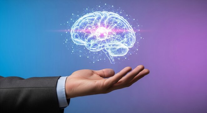 Futuristic AI Brain Hologram Floating Over Realistic Human Hand – Innovation Technology Photo