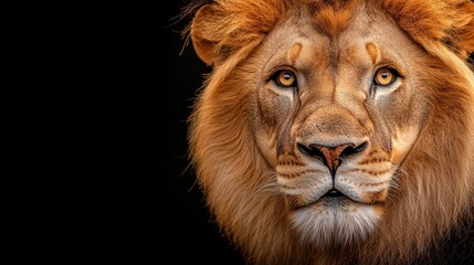 This stunning close-up portrait captures the intense gaze of a lion, showcasing its majestic mane and powerful presence against a dark background, symbolizing strength and courage.