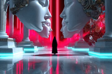 Surreal digital artwork of a mysterious cloaked figure facing two colossal classical marble busts of women with elaborate hairstyles and glowing red neon lighting
