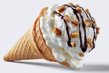 Delicious waffle cone filled with creamy vanilla ice cream topped with caramel sauce and crunchy nuts, perfect dessert treat and summer snack