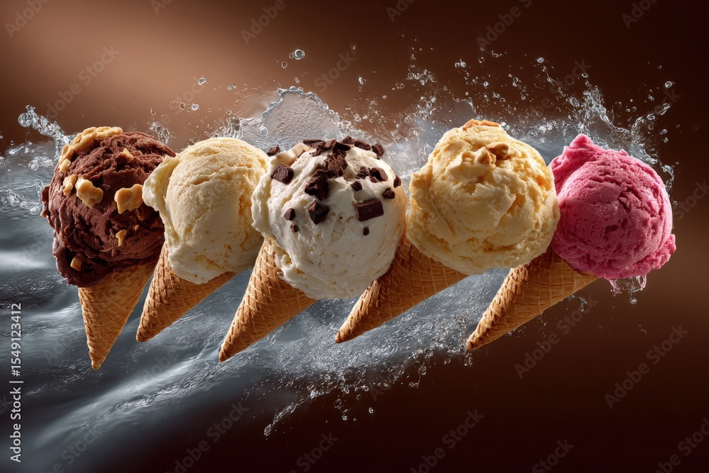 Poster delicious variety of colorful ice cream scoops with chocolate sprinkles melting and splashing on a d
